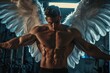A man with wings on his chest in a gym. Suitable for fitness or superhero themes