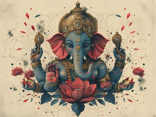 Wall Mural - Golden Ganesha with lotus flower below, digital painting