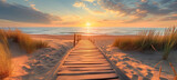 Fototapeta Natura - wooden way to the romantic beach at the sea with dunes and waves