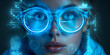 © KDdesignphoto - Close up view of blue eye in glasses with futuristic holographic interface to display data. Portrait of beautiful young woman, half of face. Augmented reality, future technology, internet concept.
