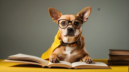 Wall Mural - startled dog with glasses and an open book on a yellow backdrop 