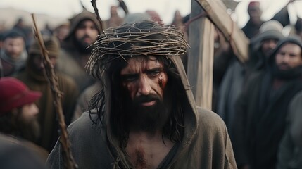 The path of Jesus through the crowd of unbelievers to Calvary. Jesus experiences pain while wearing the crown of thorns. Jesus bowed his head as the Savior suffered great pain.