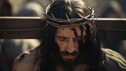 Wall Mural - Jesus experiences pain while wearing crown of thorns. Jesus led to suffering through scourging with torment of crown of thorns. Jesus bowed head as savior endures great pain with scourging world