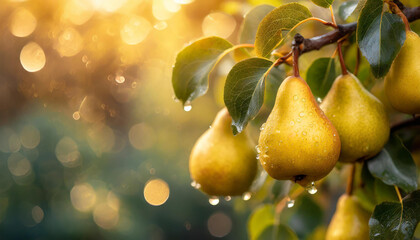 Wall Mural - Close-up of ripe yellow pears growing on branch with green leaves and water drops. Garden fruit tree