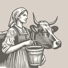 Milkmaid Holding A Bucket Standing Beside A Cow . Vintage Woodcut Linocut Style Vector Illustration.