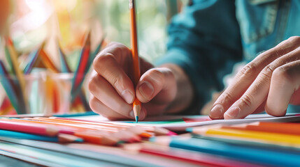 Poster -  An artist sketching and drawing with colorful pencils