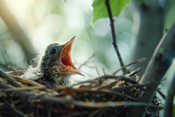 An isolated hungry baby bird in a nest