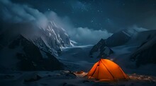 Tent With A Beautiful View Of The Snowy Mountains