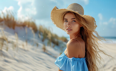 Stylish woman in blue dress and straw hat posing on the beach