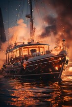 Sailing Boat On The Water With Fire And Smoke. 3d Illustration