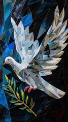 Wall Mural - Digital modern cubist art painting of a dove in the night sky, illustration with a white bird flying out of darkness, symbol of peace, love and freedom, nature abstract mosaic style design background