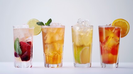 Canvas Print - Row of four glasses filled with various beverages. Suitable for menu design