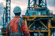 Back View of an Oil and Gas Industry male Worker Overlooking the Rig Operations