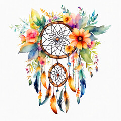 Watercolor flower dream catcher with feathers