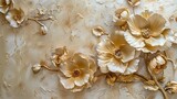 Fototapeta Natura - Light decorative texture of a plaster wall with voluminous decorative flowers and golden elements.