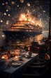 Christmas dinner with a cruise ship and snowflakes on the water