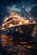 Fantasy ship in the sea with night sky. 3d illustration