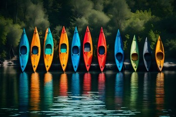 Wall Mural - A row of colorful kayaks floating on a calm lake, ready for a day of adventure and exploration.