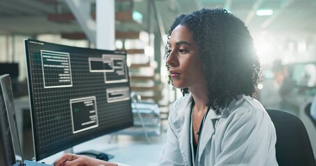 Science, data and woman at computer thinking, brainstorming or checking online results for study. Medical research, healthcare and scientist at screen with website search for problem solving ideas