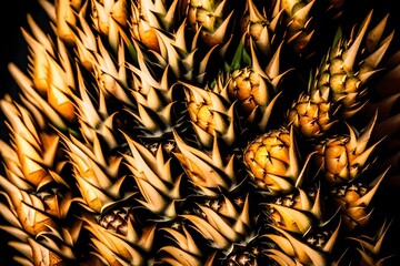 Wall Mural - A macro shot capturing the intricate details and golden hues of a ripe pineapple.