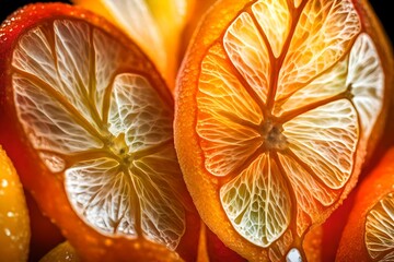 Wall Mural - A macro shot capturing the translucent, jewel-like appearance of a segmented citrus fruit.