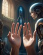 A conceptual image portraying two humanoid robots, one reaching out to the ethereal figure of an emerging AI consciousness within an ornate architectural setting.