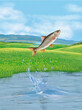 un poisson hotu   qui saut et sort de l'eau avec splash