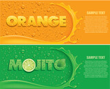 Fototapeta Łazienka - many fresh drops on orange and green backgrounds with splash, orange and lime slice, mint leaf	