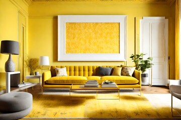 Wall Mural - A vibrant yellow living room with a patterned rug and a blank white empty frame.