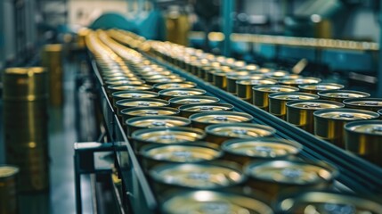 Wall Mural - A line of cans on a conveyor belt, suitable for manufacturing or production concepts