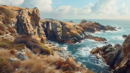 Sticker - A stunning view of the ocean from a cliff top. Ideal for travel websites and nature enthusiasts