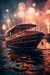 Fireworks in the night sky with a cruise ship. 3d rendering