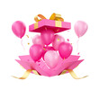 Caixa de presente rosa com balões 3d render isolado