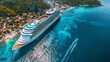Aerial top view photo of top deck swimming pool in large cruise ship liner crusing.