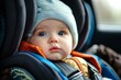 © anatolir - Comfortable Baby sitting in safety car seat. Safe auto toddler transportation place. Generate ai