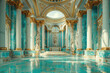 An opulent bathhouse interior with blue and white marble walls, adorned in gold accents. Created with Ai