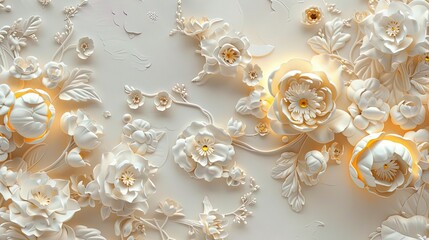 Wall Mural - Light decorative texture of a plaster wall with voluminous decorative flowers and golden elements.