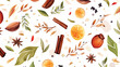 Seamless watercolor pattern with different spices o