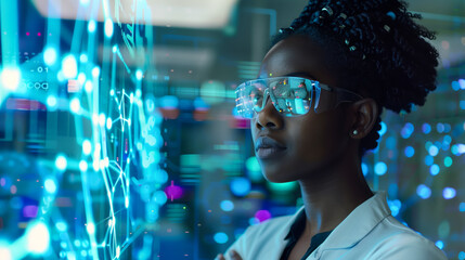 Wall Mural - Concept for global communication network in a lab setting. Wide-angle visuals suitable for banners or advertisements featuring a young black woman