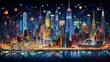 New York City panorama with skyscrapers and bridge at night illustration