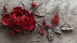 Fototapeta Na ścianę - Red decorative volumetric peony flower on the background of a decorative wall.