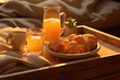 Breakfast tray with orange juice and croissants ana coffee. Generative AI Art. Beautiful view.