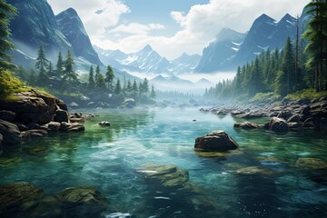 Wall Mural - Nature of Russia. Lake with crystal clear water. Generative AI Art. Beautiful view.