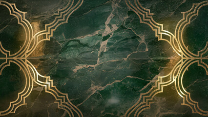 Marble colourful vintage background with ornament, green and gold wallpaper