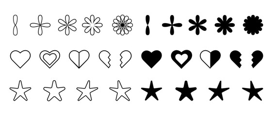 Wall Mural - graphic shapes collection with stars, blinks and hearts, in outline and bold variants, y2k design el