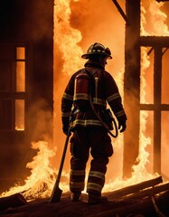 Silhouetted against roaring flames, a firefighter stands ready with a hose in a burning structure, epitomizing courage and danger in emergency response