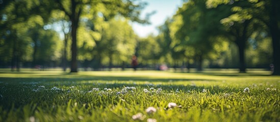 Poster - Background image of a beautiful, blurred spring lawn surrounded by trees, with clouds on a sunny day