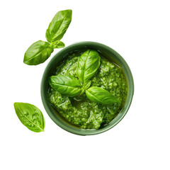 Wall Mural - Bowl of green pesto sauce and basil leaves on Transparent Background