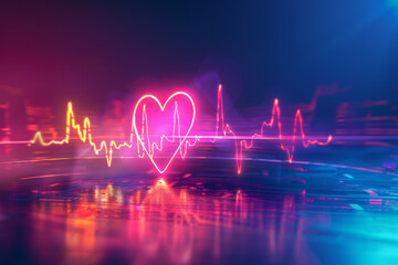 A heartbeat chart with a love symbol, vibrant neon light style