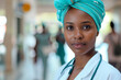 African female doctor standing in a hospital hallway looking at camera, wearing stethoscope, uniform and head wrap 